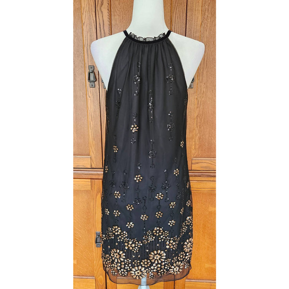 Max Studio Specialty Sz S Whimsigoth‎ Chic VTG Black Gold Halter Sequin Dress - Picture 7 of 13